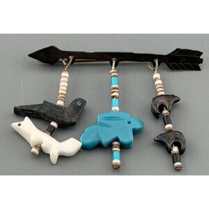 Vintage  Southwestern Fetish Bar Pin Sterling Silver Animal Arrow Turquoise Ston